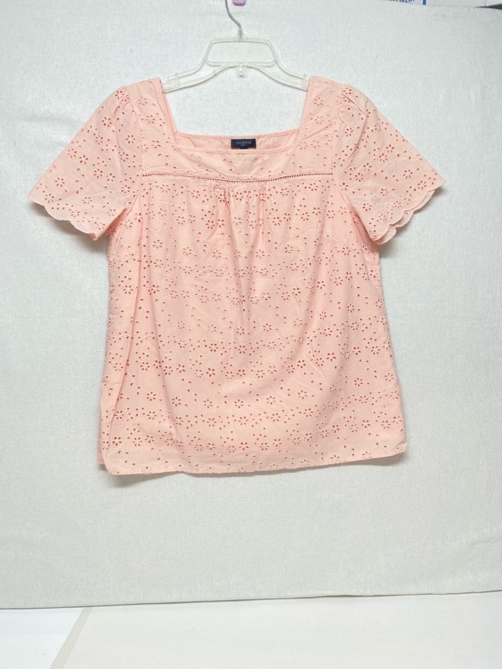 Talbots Petite Peach Eyelet Square-Neck Short Sleeve Cotton Blouse Lined Dainty